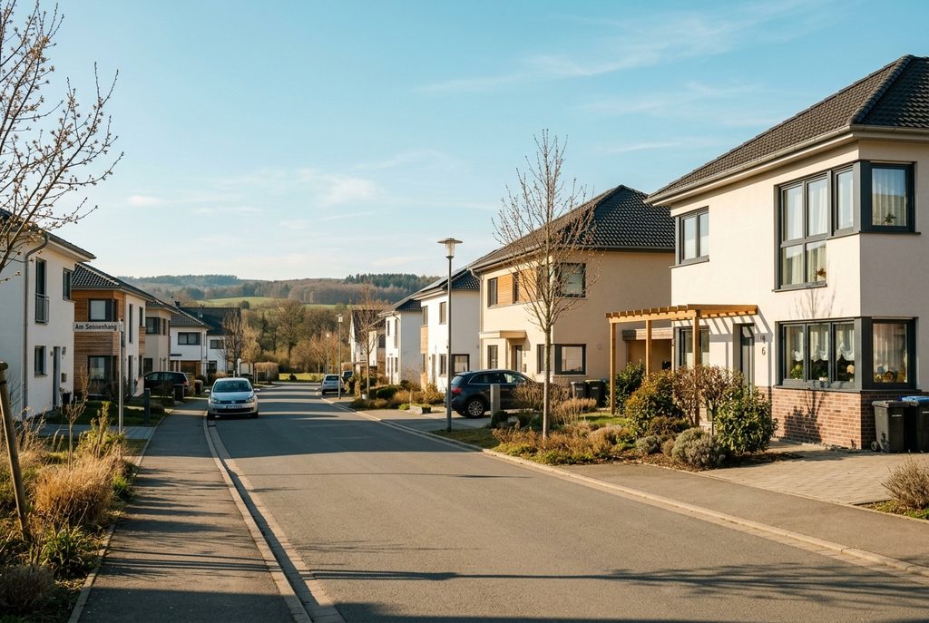 Ruhige Wohnstraße mit modernen Einfamilienhäusern, begrünten Vorgärten und alten Bäumen