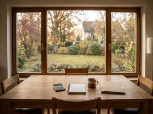 Esstisch am Fenster mit Taschenrechner, Notizblock und Unterlagen zur Baufinanzierung, dahinter ein Einfamilienhaus-Garten im Morgenlicht