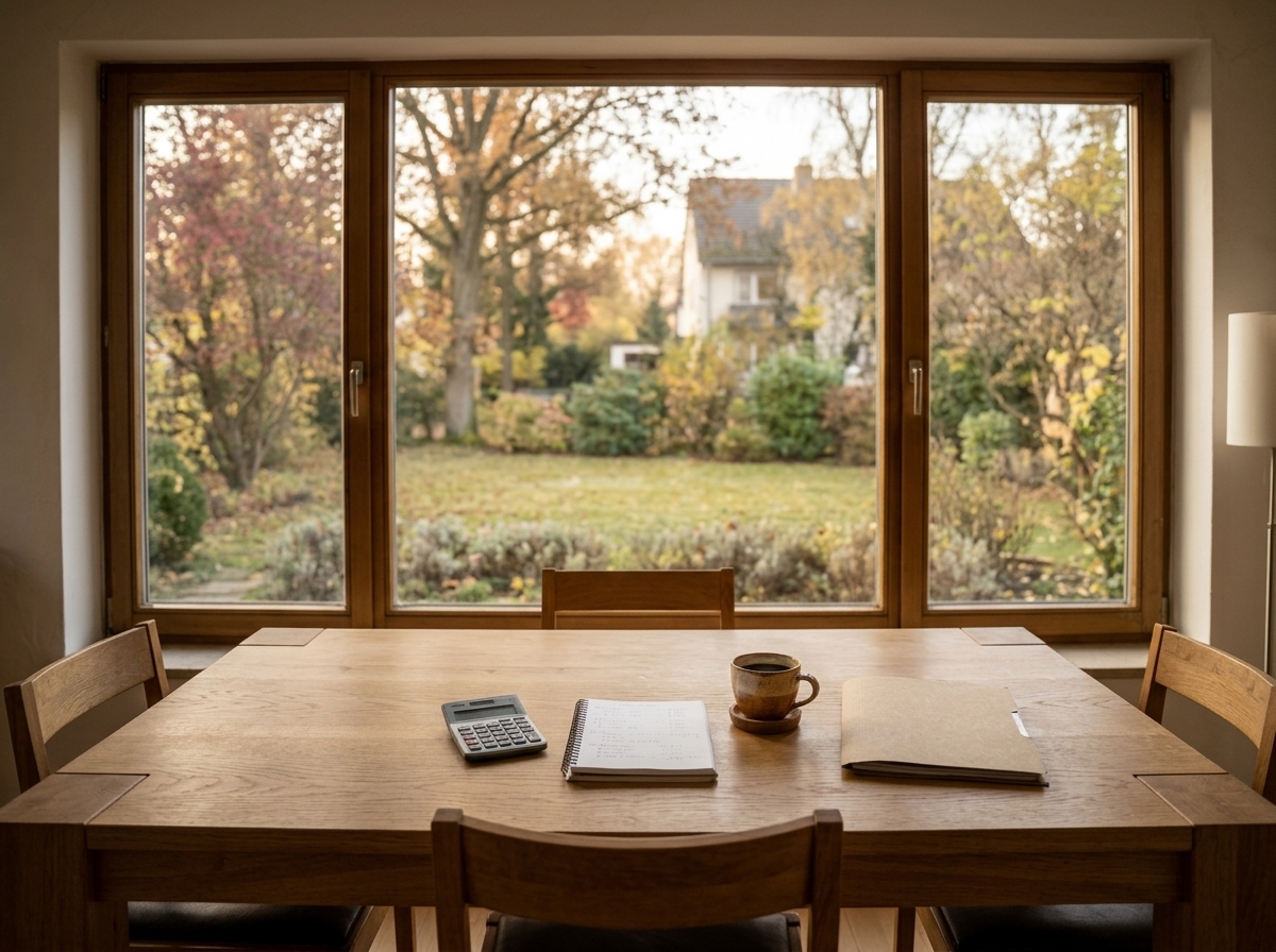 Esstisch am Fenster mit Taschenrechner, Notizblock und Unterlagen zur Baufinanzierung, dahinter ein Einfamilienhaus-Garten im Morgenlicht
