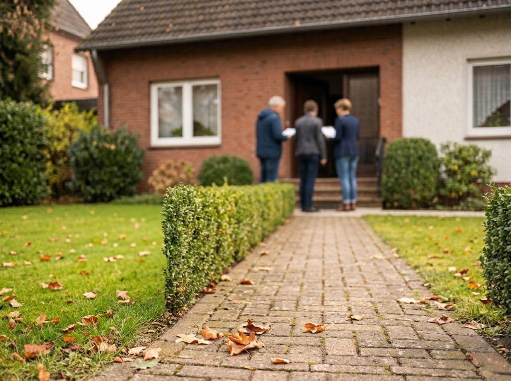 Eigentümer und Immobilienberaterin besprechen vor einem Einfamilienhaus die Unterlagen für den Verkauf